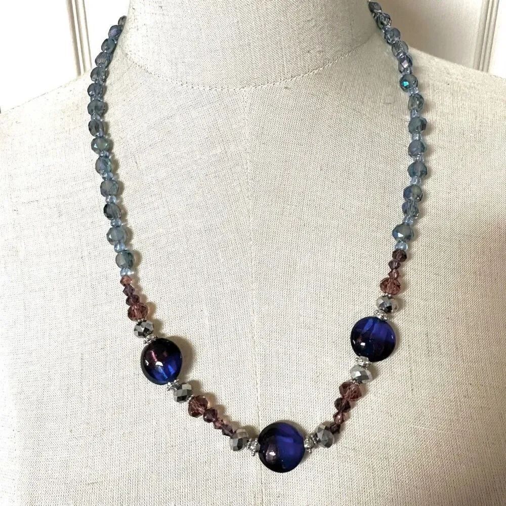 Blue crystal  beaded long necklace